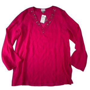 Chicos Pink 100% Silk Sheer Beaded V Neck Tunic Top‎ Blouse Size 1 (M) Dressy